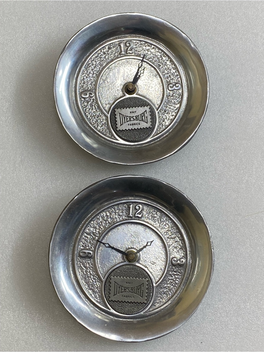 Vintage Pewter plates Custom made Clock set Dyersburg knit company logo